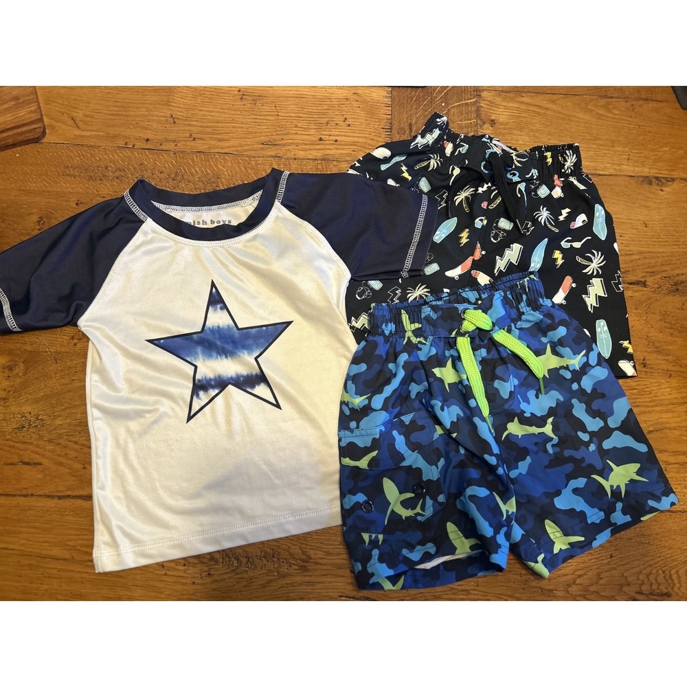 Lot of 3 Mish Boys Beach Skateboards Swim Shirt Shorts Sharks Bathing Suit 3T